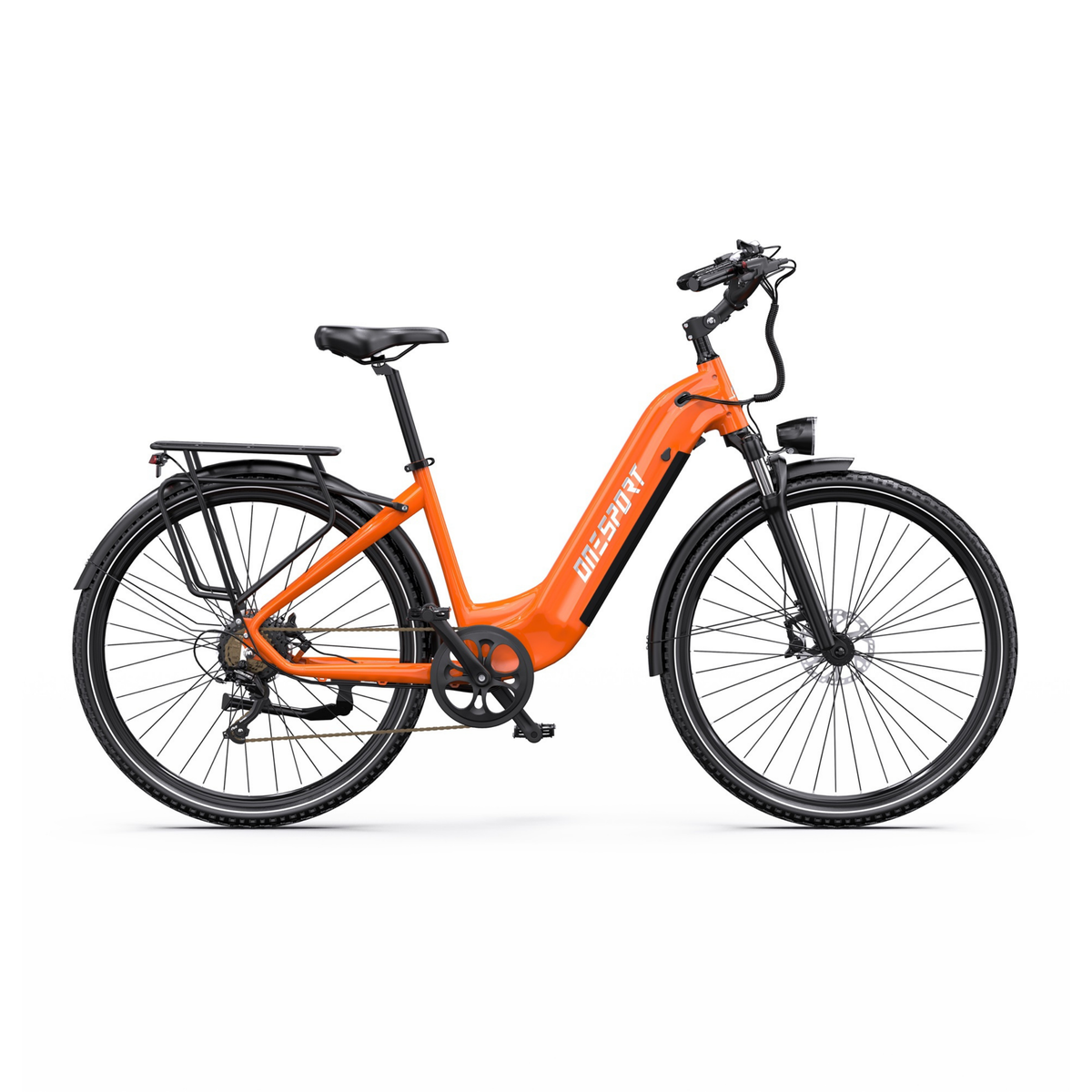 OneSport OT05 Max, bicicletta elettrica arancione con telaio a passaggio ribassato, vista laterale