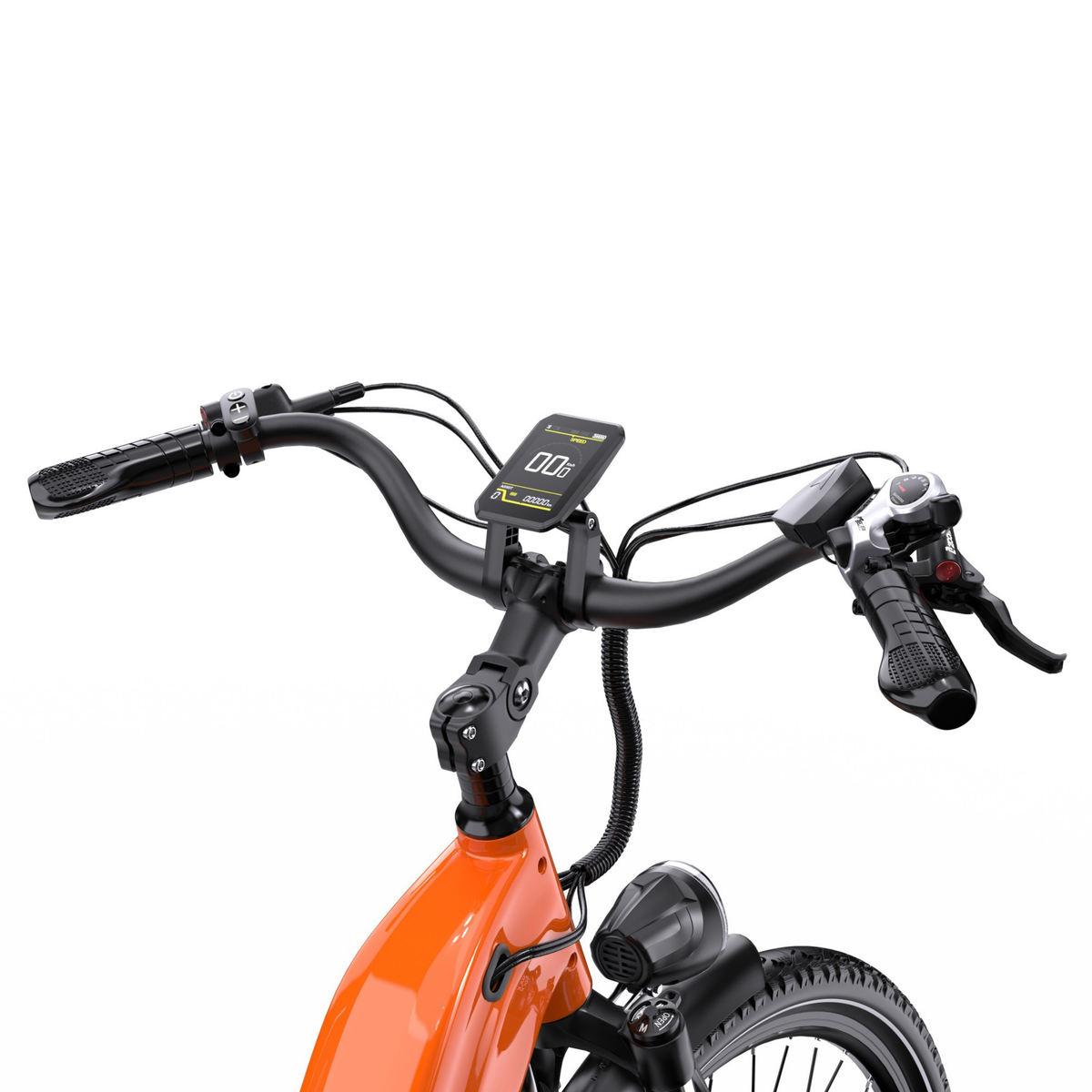 OneSport OT05 Max, primo piano del manubrio con display e faro anteriore