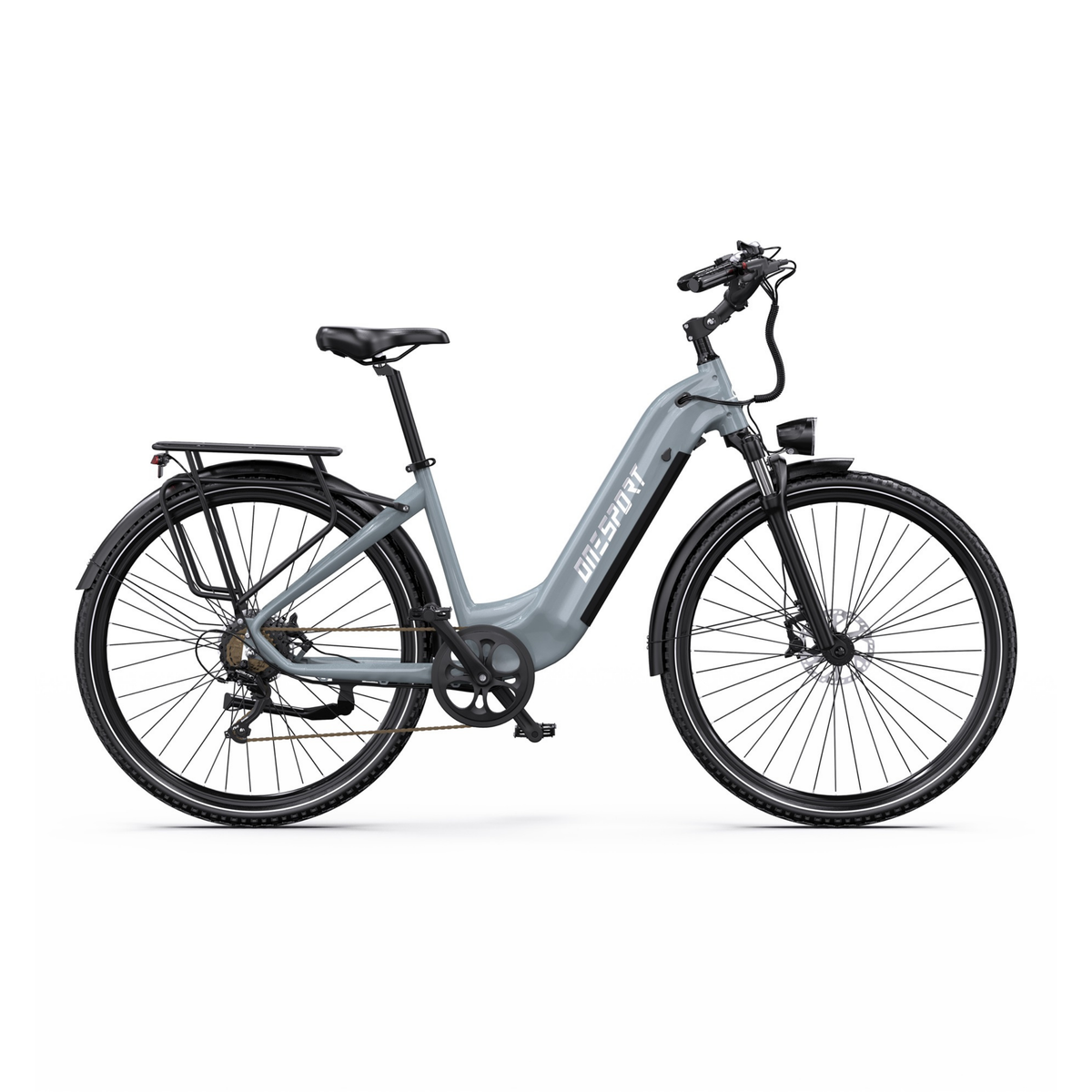OneSport OT05 Max bicicletta elettrica grigia con telaio aperto vista di lato