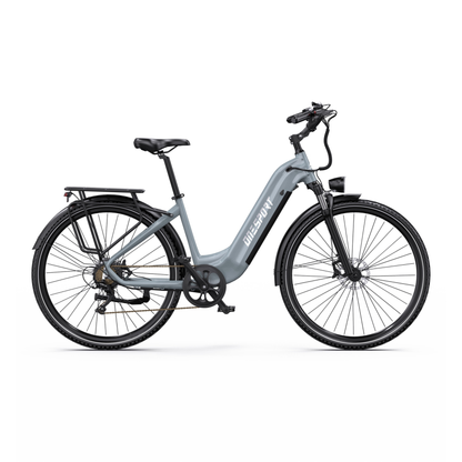 OneSport OT05 Max bicicletta elettrica grigia con telaio aperto vista di lato