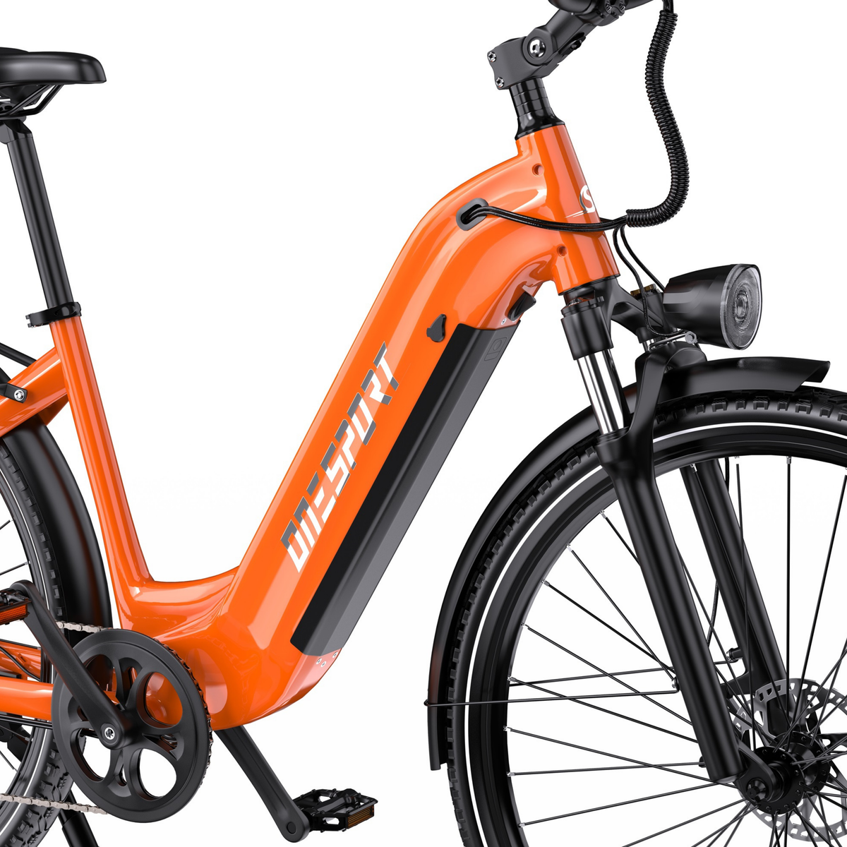 Vista laterale di OneSport OT05 Max con telaio arancione a scavalco basso, batteria, pedivella e pedale