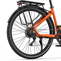 OneSport OT05 Max, ruota posteriore di lato con portapacchi, catena, cambio e telaio arancione