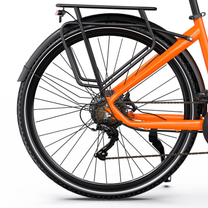 OneSport OT05 Max, parte posteriore con portapacchi nero, parafango, catena e telaio arancione