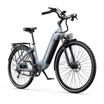 OneSport OT05 Max bicicletta elettrica grigia vista diagonale anteriore con portapacchi e faro anteriore