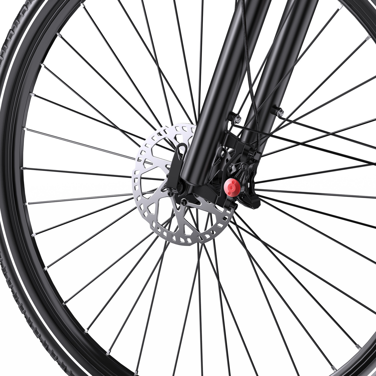 OneSport OT05 Max, primo piano della ruota anteriore con disco freno, pinza e forcella anteriore nera