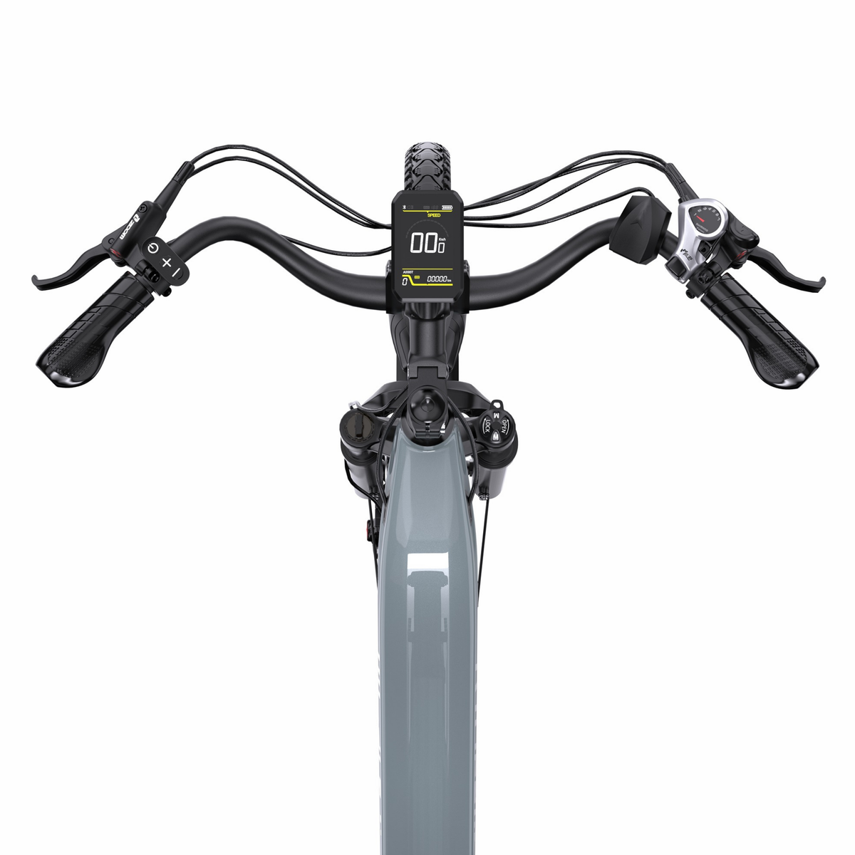 Manubrio della OneSport OT05 Max visto dall'alto con display, leve dei freni e comando del cambio