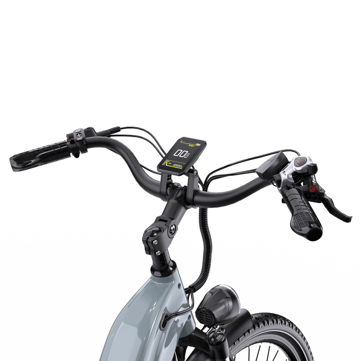 Primo piano di manubrio e display della OneSport OT05 Max con manopole e faro anteriore