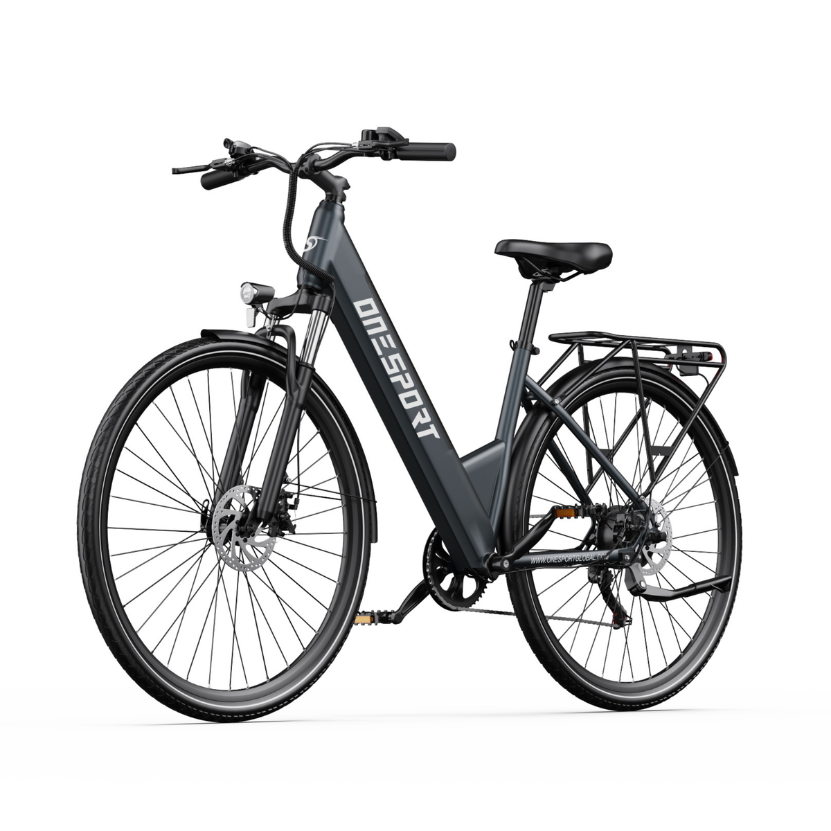 Bicicletta elettrica OneSport OT12 Pro vista in diagonale da davanti con telaio basso a scavalco, portapacchi e freni a disco