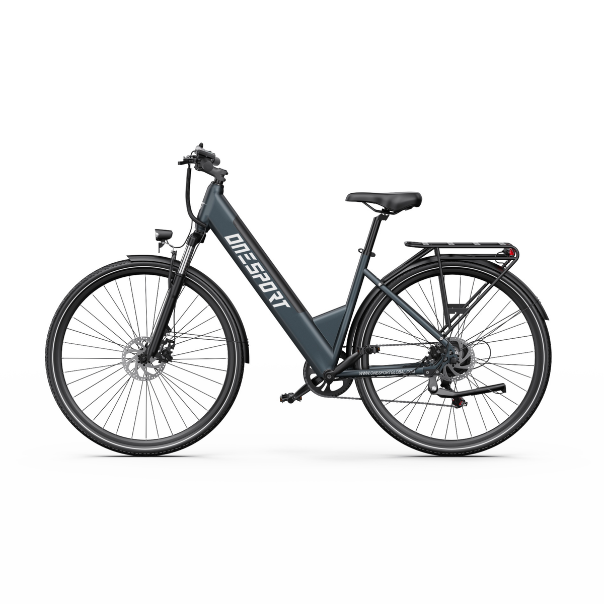 Bicicletta elettrica OneSport OT12 Pro vista di lato con telaio basso a scavalco, sella e portapacchi