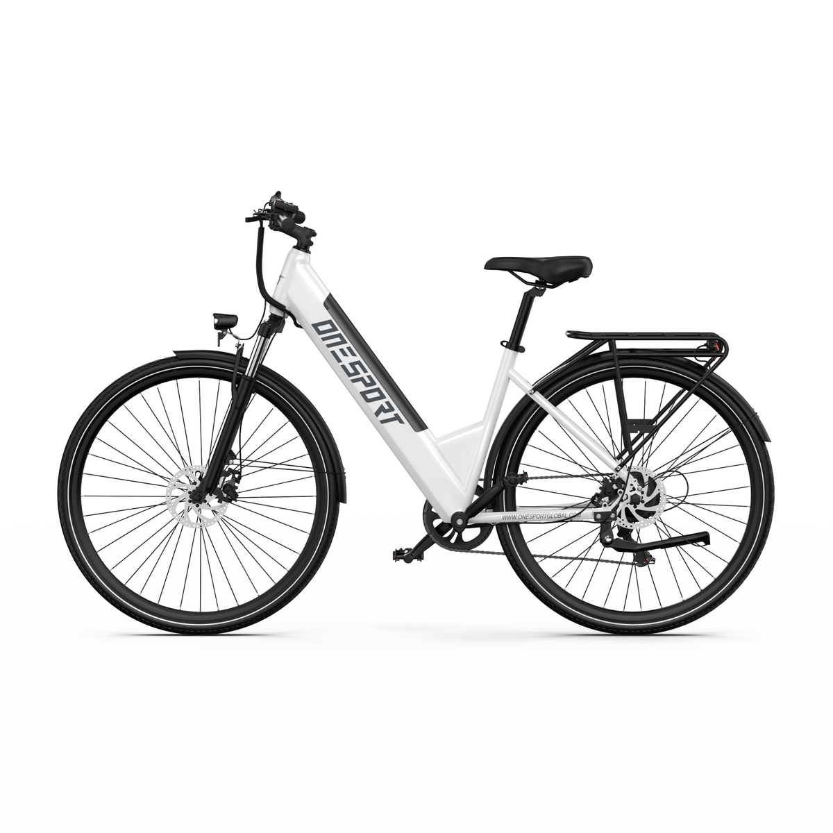 OneSport OT12 Pro, bicicletta elettrica bianca con telaio basso, vista laterale diretta