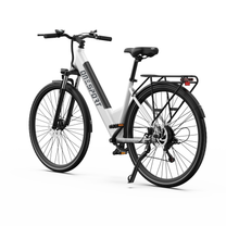 OneSport OT12 Pro, bicicletta elettrica bianca vista posteriore in diagonale con portapacchi, fanale posteriore e cavalletto laterale