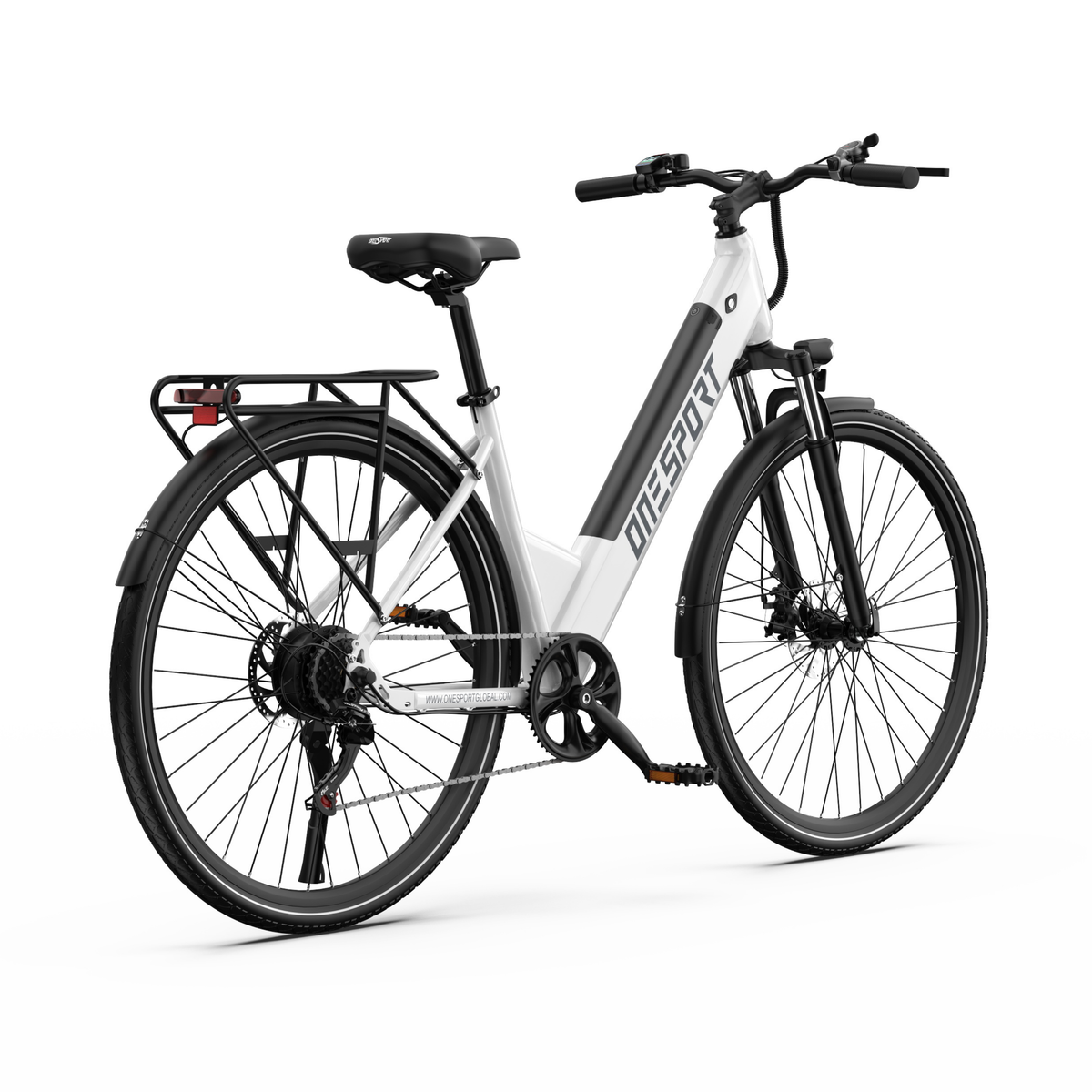 OneSport OT12 Pro, bicicletta elettrica bianca vista posteriore in diagonale dall'altro lato, con sella e portapacchi