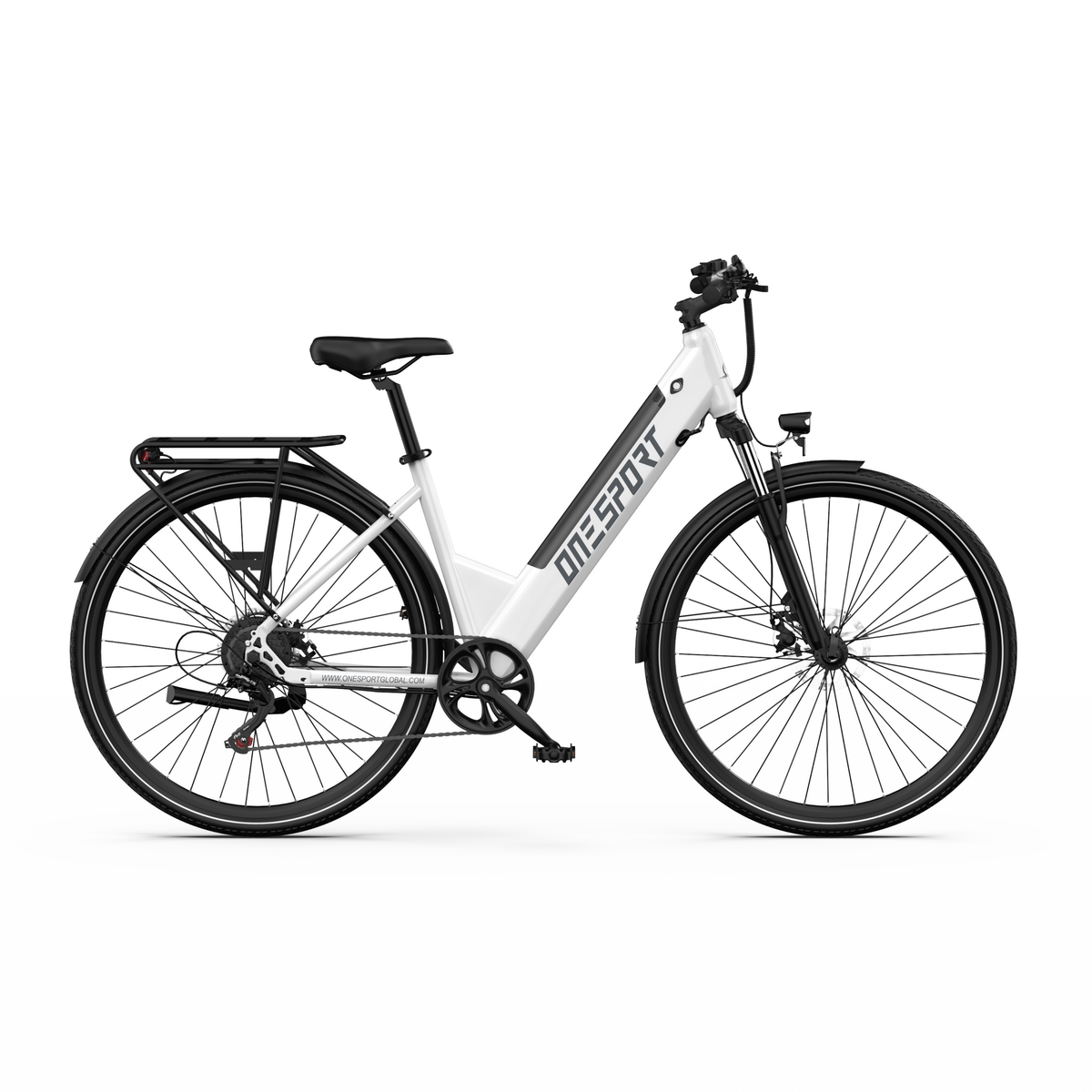 OneSport OT12 Pro, bicicletta elettrica bianca vista di lato con telaio basso, portapacchi e parafanghi