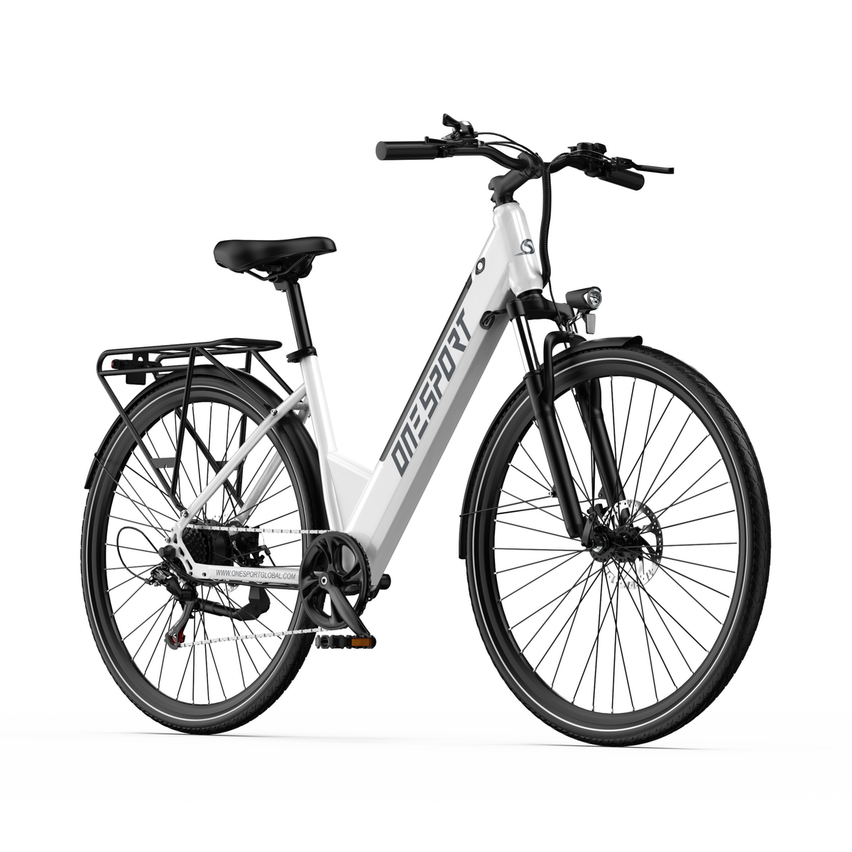 OneSport OT12 Pro, bicicletta elettrica bianca vista frontale in diagonale con manubrio, faro anteriore e portapacchi