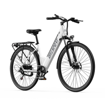 OneSport OT12 Pro, bicicletta elettrica bianca vista frontale in diagonale con manubrio, faro anteriore e portapacchi