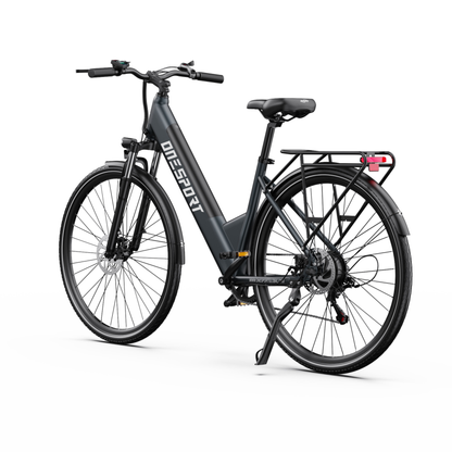 Bicicletta elettrica OneSport OT12 Pro in diagonale da davanti con manubrio, display, portapacchi, fanale posteriore e cavalletto laterale