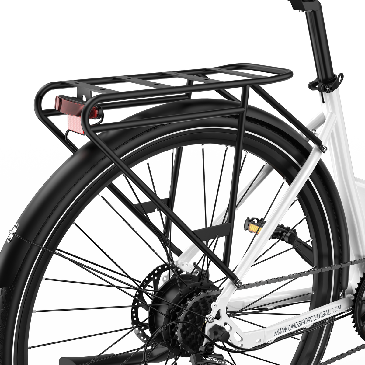 OneSport OT12 Pro, ruota posteriore con portapacchi nero, parafango e fanale posteriore rosso