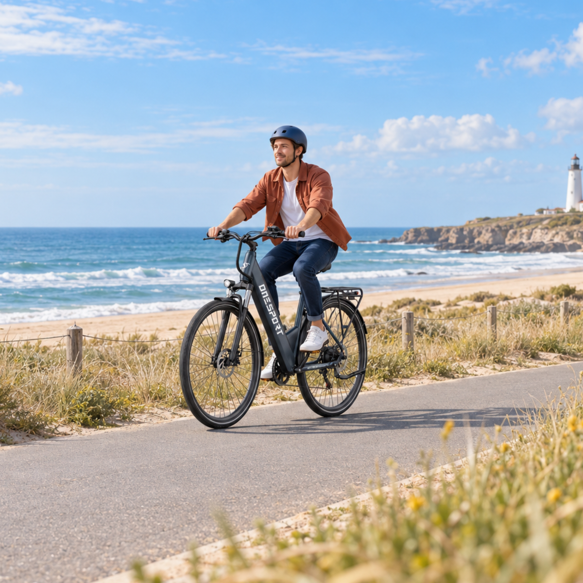 Uomo con casco in bicicletta su una OneSport OT12 Pro lungo una strada costiera con mare e faro sullo sfondo