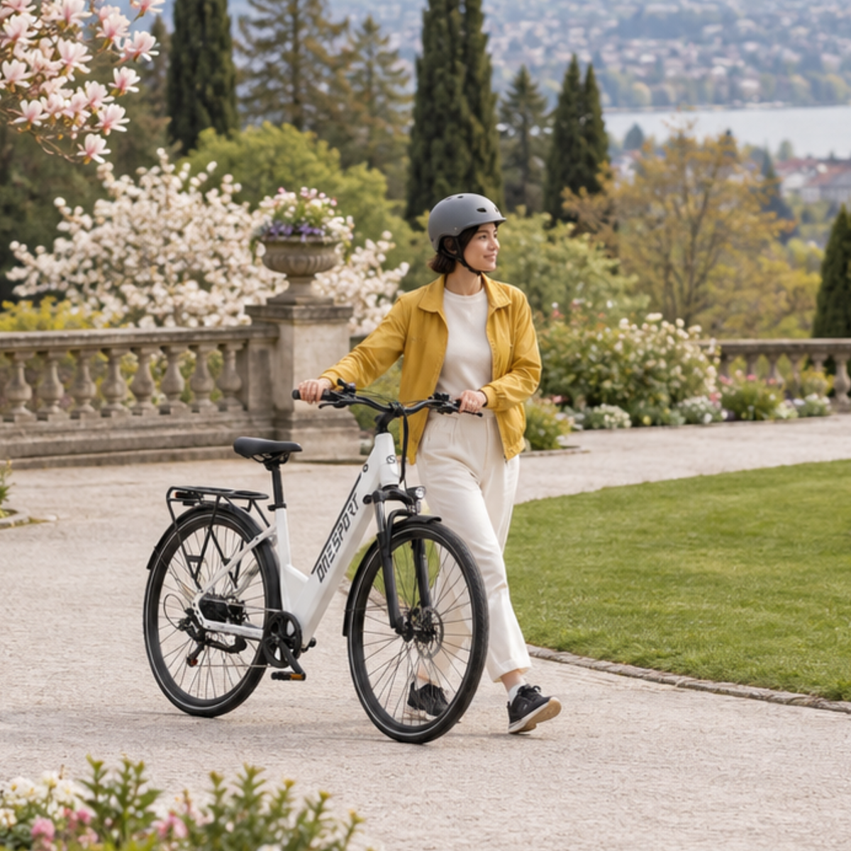 Donna con casco che conduce a mano una OneSport OT12 Pro bianca in un parco con alberi in fiore