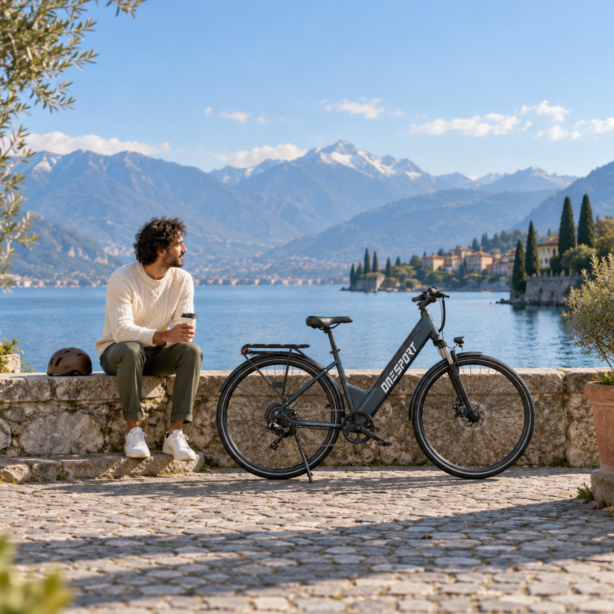Bicicletta elettrica OneSport OT12 Pro su un molo acciottolato in riva a un lago, con un uomo seduto sul muretto accanto e montagne sullo sfondo