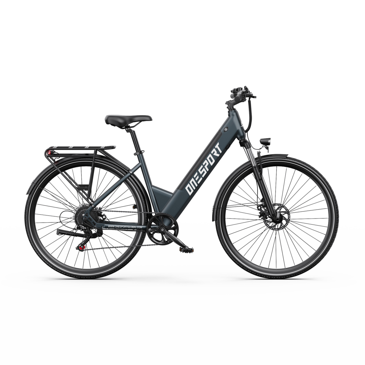 Bicicletta elettrica OneSport OT12 Pro vista di lato con telaio basso, portapacchi e parafanghi