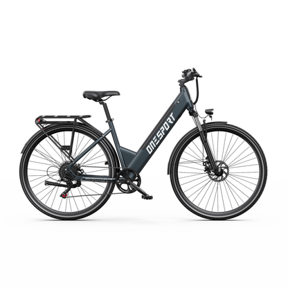 Bicicletta elettrica OneSport OT12 Pro vista di lato con telaio basso, portapacchi e parafanghi