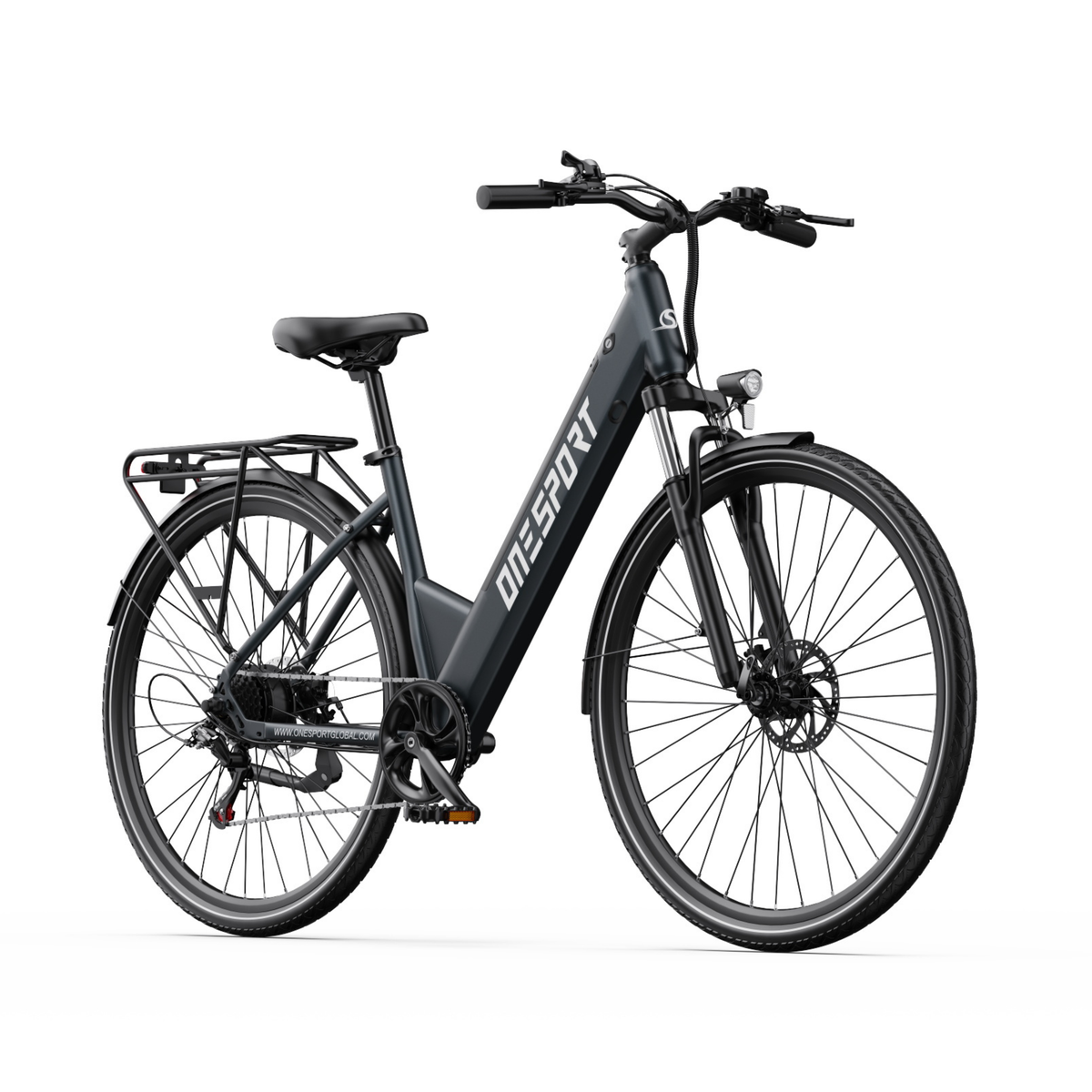 Bicicletta elettrica OneSport OT12 Pro in vista diagonale da davanti con manubrio, faro anteriore e portapacchi