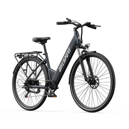 Bicicletta elettrica OneSport OT12 Pro in vista diagonale da davanti con manubrio, faro anteriore e portapacchi