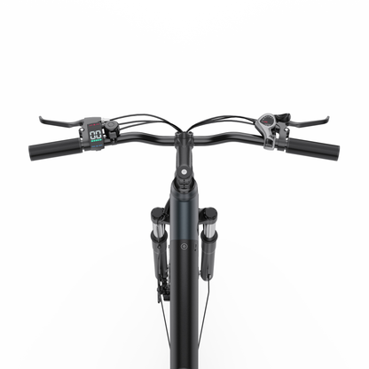 Manubrio di OneSport OT12 Pro visto dall'alto con display, leva del freno e comando del cambio