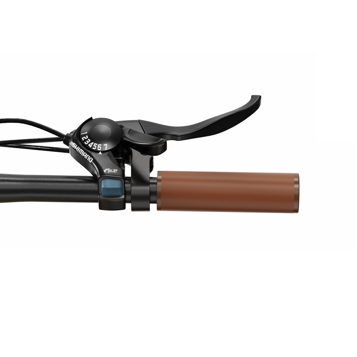 OneSport OT16 Pro, primo piano della leva del freno, del comando del cambio Shimano e della manopola marrone