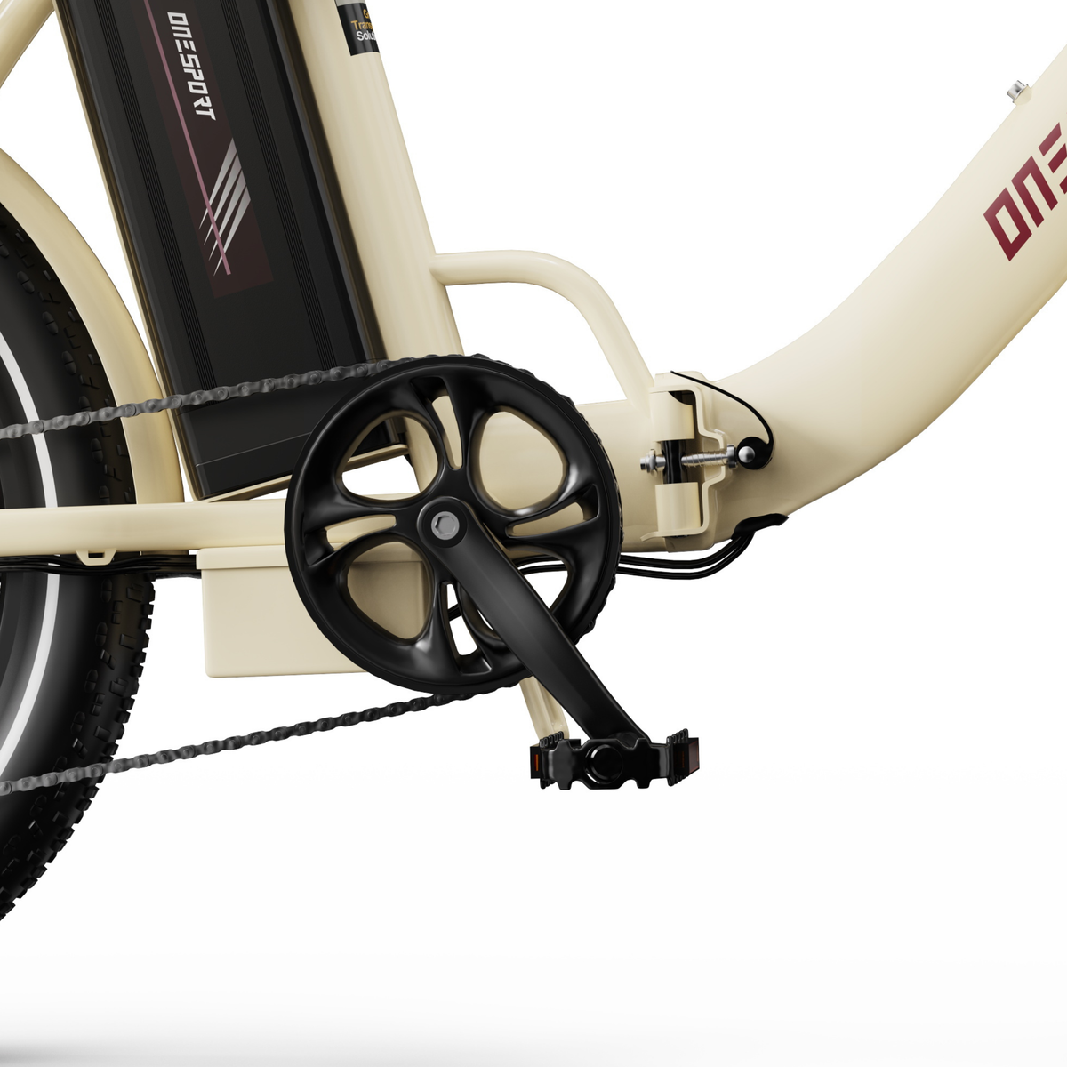 OneSport OT16 Pro, primo piano di corona, pedivella, pedale, catena e cerniera del telaio