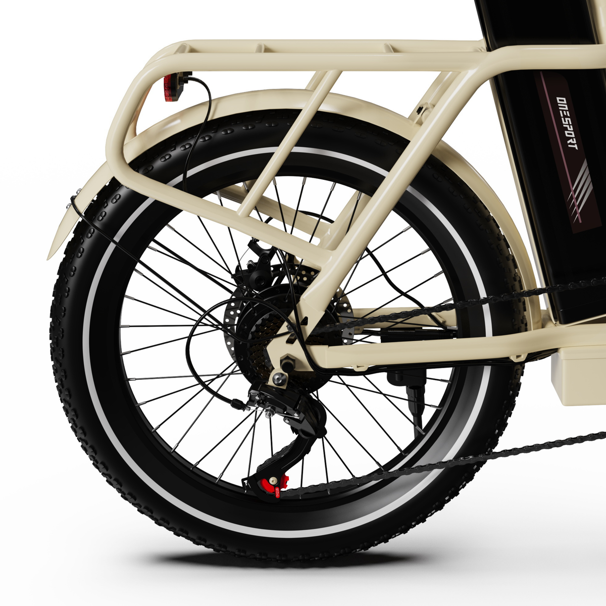 OneSport OT16 Pro, vista laterale di ruota posteriore e portapacchi con parafango, catena e batteria parzialmente visibile