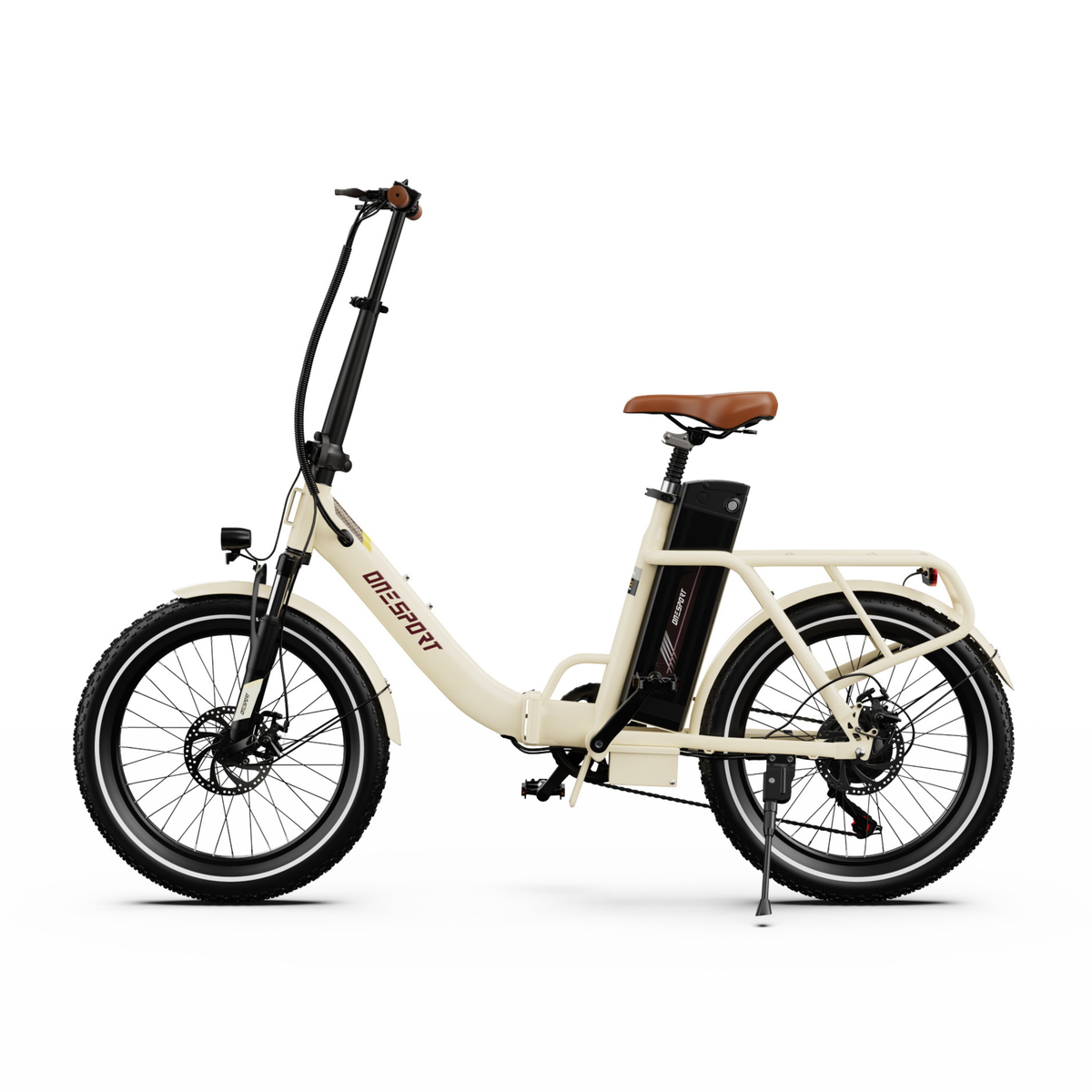Bicicletta elettrica OneSport OT16 Pro vista di profilo, con telaio a scavalco basso, sella marrone, batteria e portapacchi