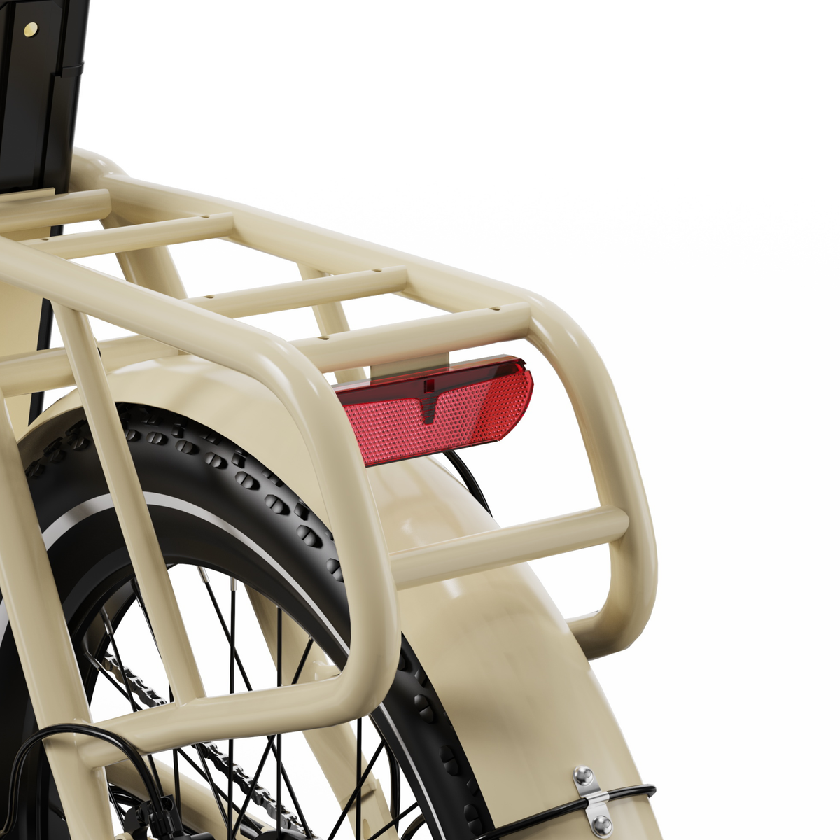 OneSport OT16 Pro, primo piano del portapacchi beige con catadiottro posteriore rosso e parafango posteriore