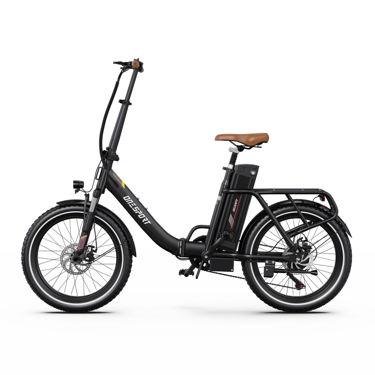 Bicicletta elettrica nera OneSport OT16 Pro vista laterale, con sella marrone, batteria, portapacchi e freni a disco