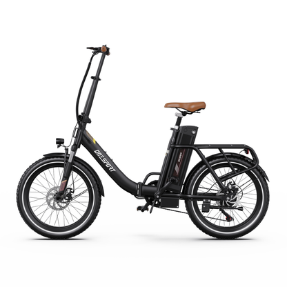 Bicicletta elettrica nera OneSport OT16 Pro vista laterale, con sella marrone, batteria, portapacchi e freni a disco