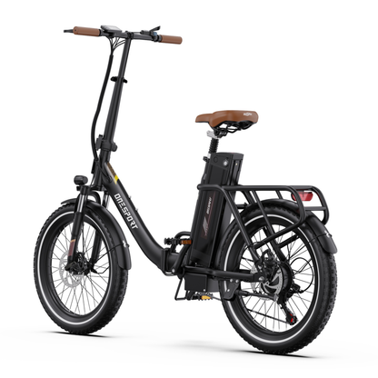 Bicicletta elettrica OneSport OT16 Pro nera, vista posteriore di tre quarti con portapacchi, batteria e sella marrone