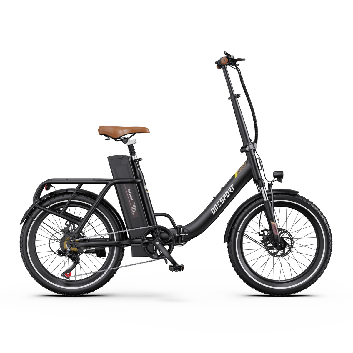 Bicicletta elettrica OneSport OT16 Pro nera vista di profilo, con telaio a scavalco basso e sella marrone