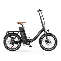 Bicicletta elettrica OneSport OT16 Pro nera vista di profilo, con telaio a scavalco basso e sella marrone