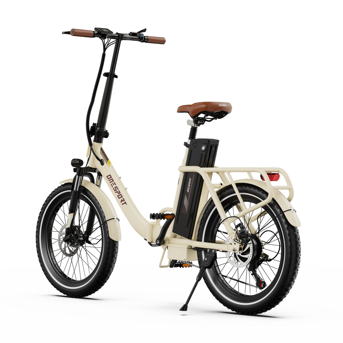 Bicicletta elettrica OneSport OT16 Pro vista tre quarti posteriore, con batteria, portapacchi con fanale posteriore rosso e cavalletto laterale