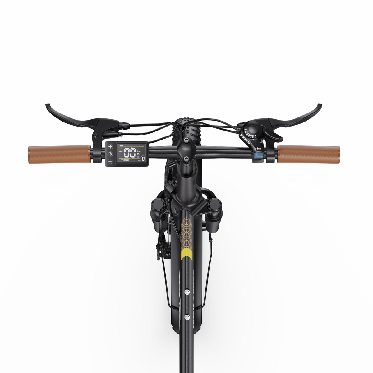Manubrio della OneSport OT16 Pro visto dall'alto con manopole marroni, leva del freno, display e comando del cambio Shimano