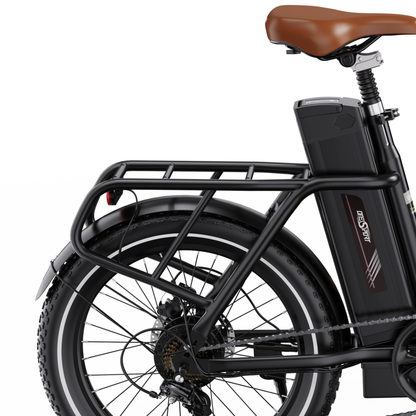 OneSport OT16 Pro, primo piano di sella marrone, portabagagli nero, batteria e ruota posteriore