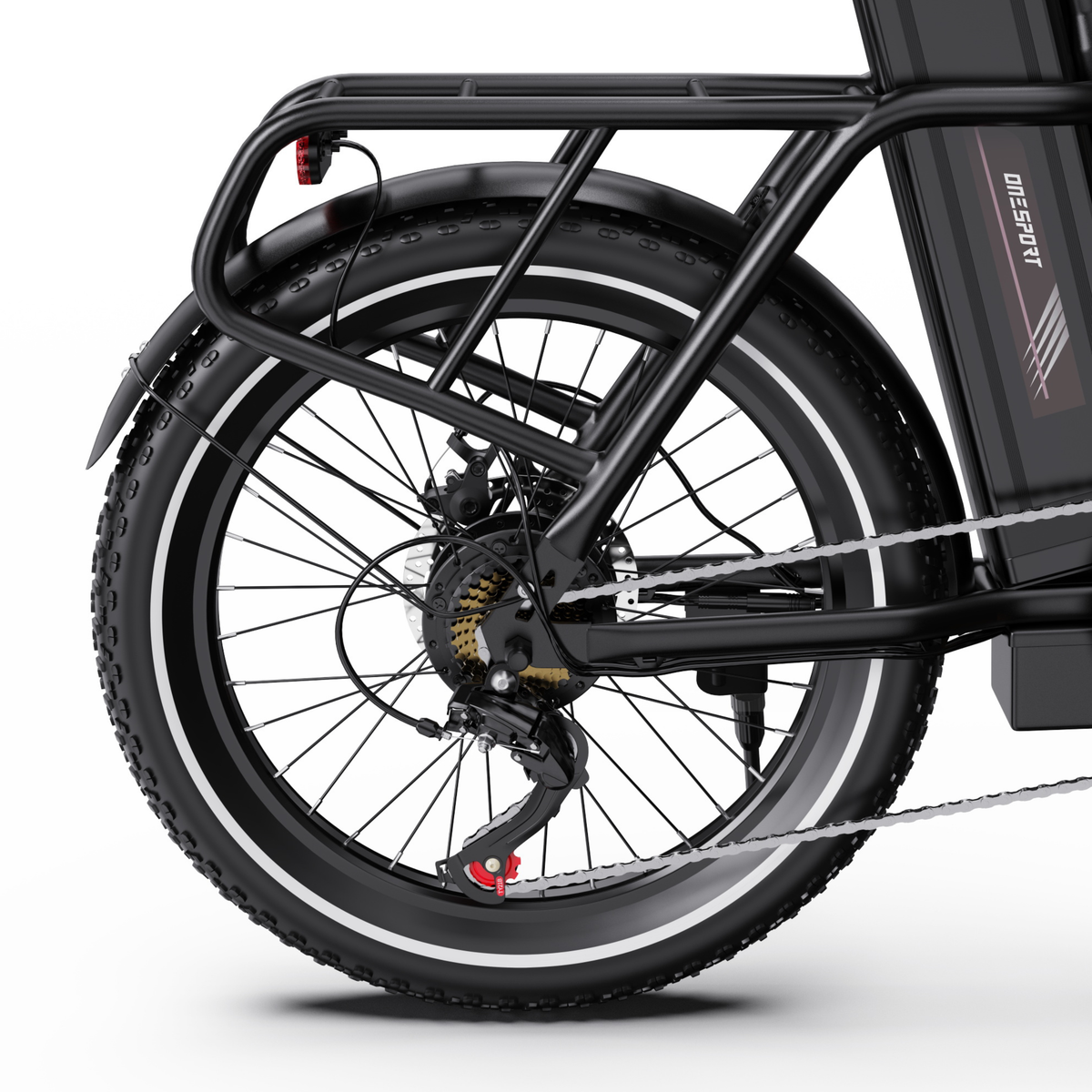 OneSport OT16 Pro, ruota posteriore con portabagagli, parafango, freno a disco e deragliatore