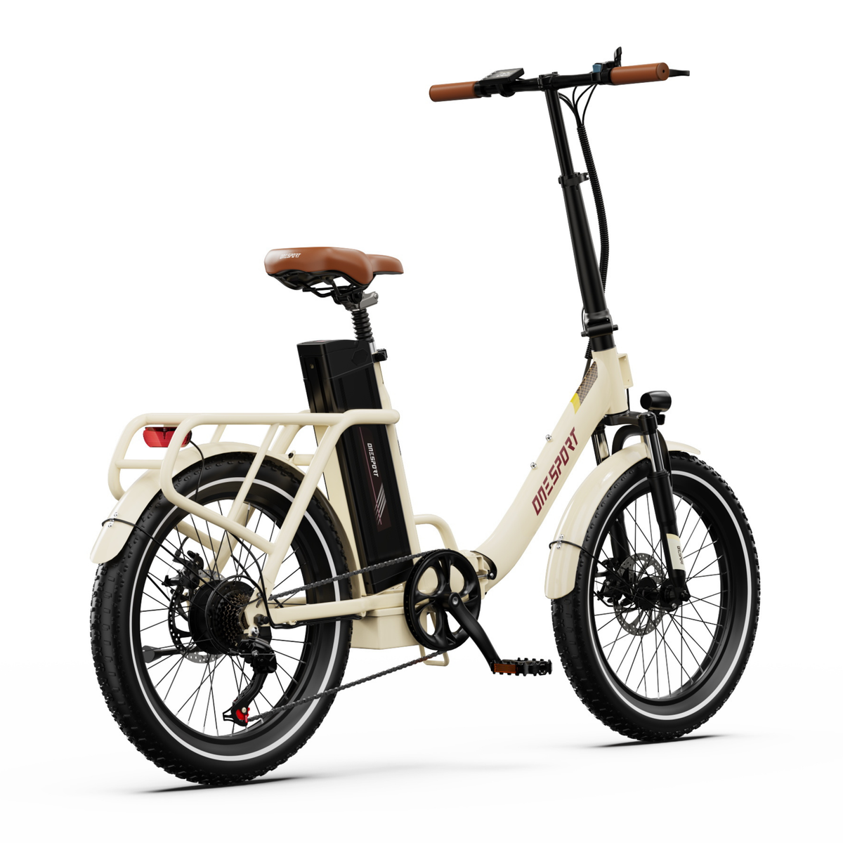 Bicicletta elettrica OneSport OT16 Pro vista tre quarti posteriore da destra, con catena, pedale, batteria e portapacchi