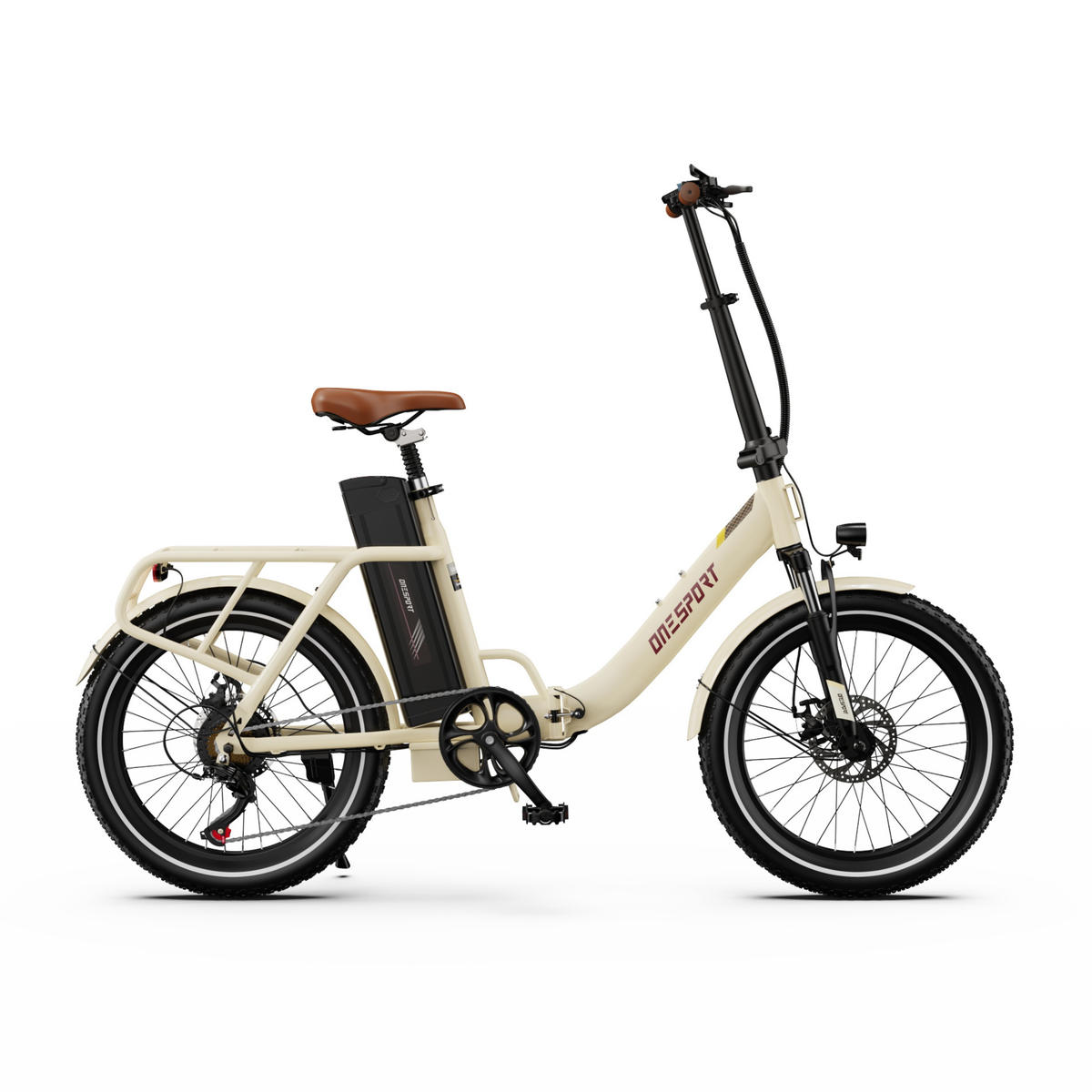 OneSport OT16 Pro, bicicletta elettrica bianco crema vista di profilo, con sella marrone, portapacchi e batteria nera