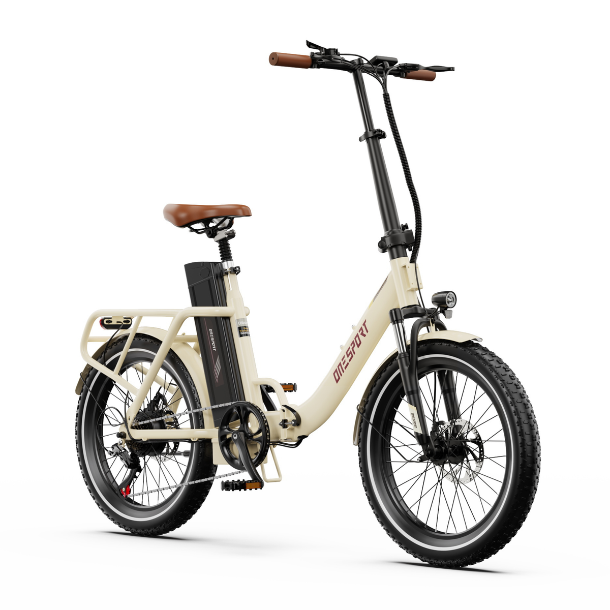 OneSport OT16 Pro, bicicletta elettrica bianco crema vista tre quarti anteriore, con manopole marroni, sella marrone e faro anteriore