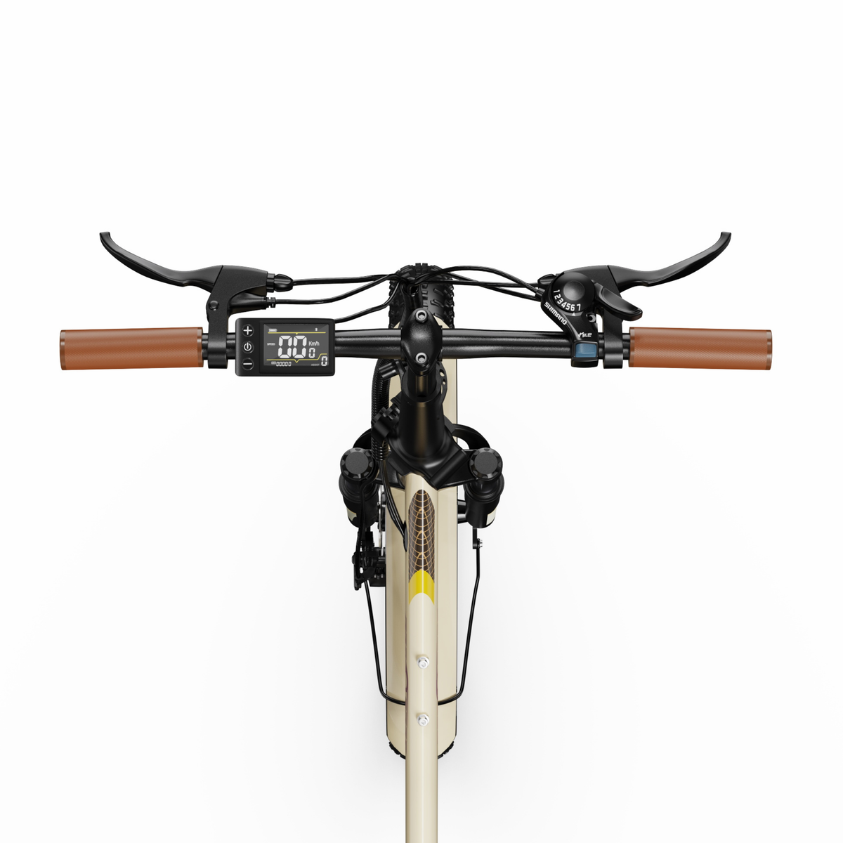 OneSport OT16 Pro, manubrio visto dall'alto con manopole marroni, leve dei freni, comando del cambio e display