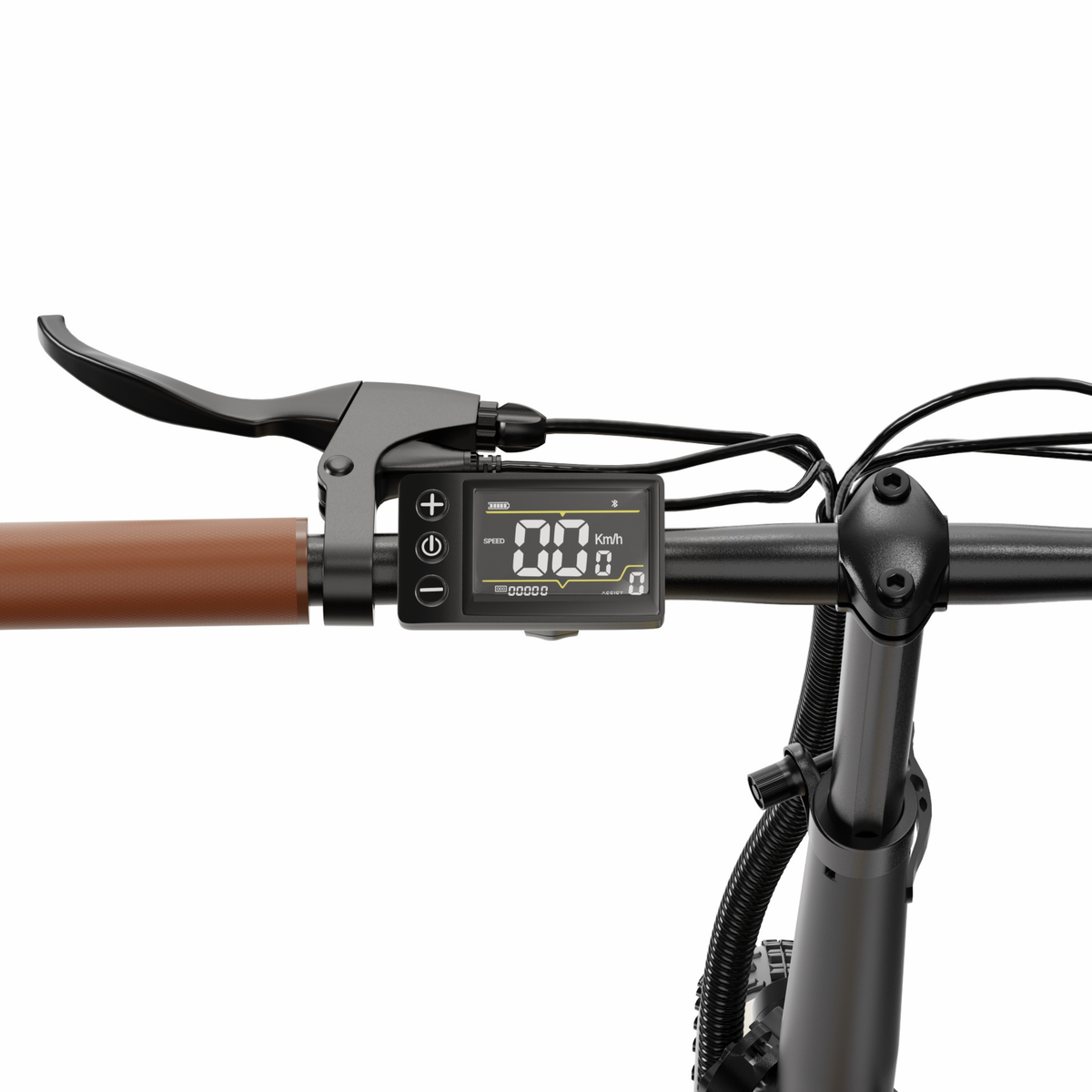 OneSport OT16 Pro, primo piano del manubrio con display, pulsanti, leva del freno e manopola marrone