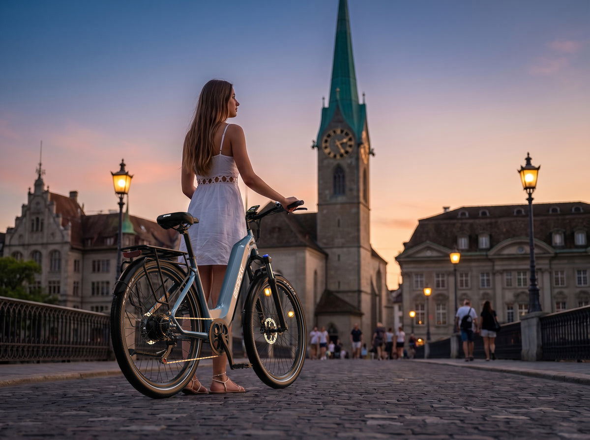 Bicicletta elettrica OneSport WT05 su un ponte acciottolato al crepuscolo, una donna in abito bianco accanto alla bicicletta