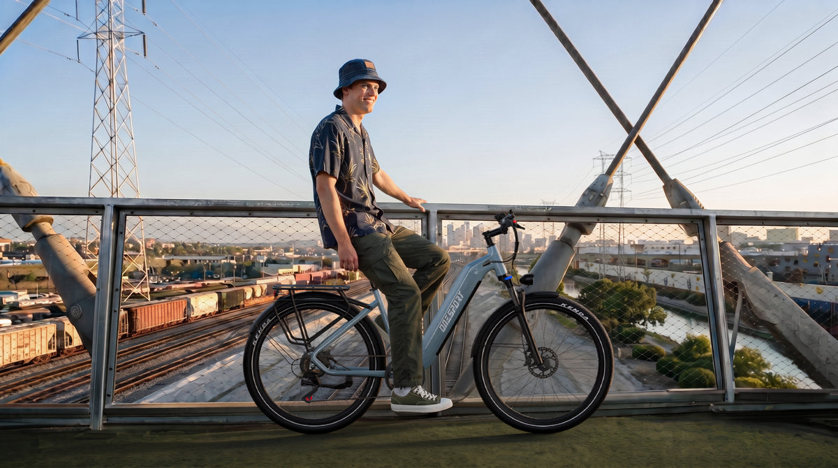 Uomo sorridente con cappello seduto su OneSport WT05 accanto alla ringhiera di un ponte con binari ferroviari e città sullo sfondo